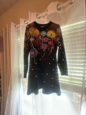 QUEEN OF SPARKLES Black Knit Dress with Multicolor Sequin Fireworks